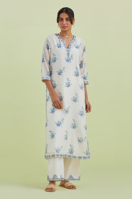 Kora_Off White Silk, Chanderi, Cotton Mirrors, Hand Block Print Kurta Pant Set _Online_at_Aza_Fashions