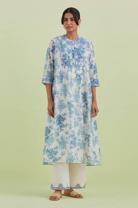 Kora_Off White Silk, Chanderi, Cotton Embroidery, Mirrors Kantha Work Kurta Pant Set _Online_at_Aza_Fashions