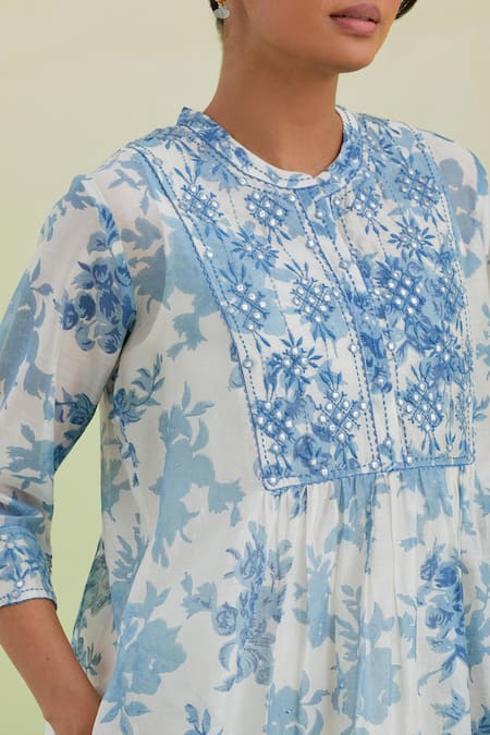 Kora_Off White Silk, Chanderi, Cotton Embroidery, Mirrors Kantha Work Kurta Pant Set _at_Aza_Fashions