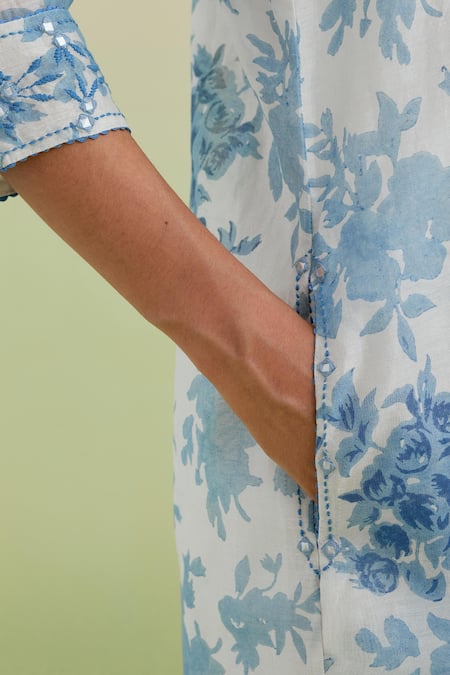 Buy_Kora_Off White Silk, Chanderi, Cotton Embroidery, Mirrors Kantha Work Kurta Pant Set 