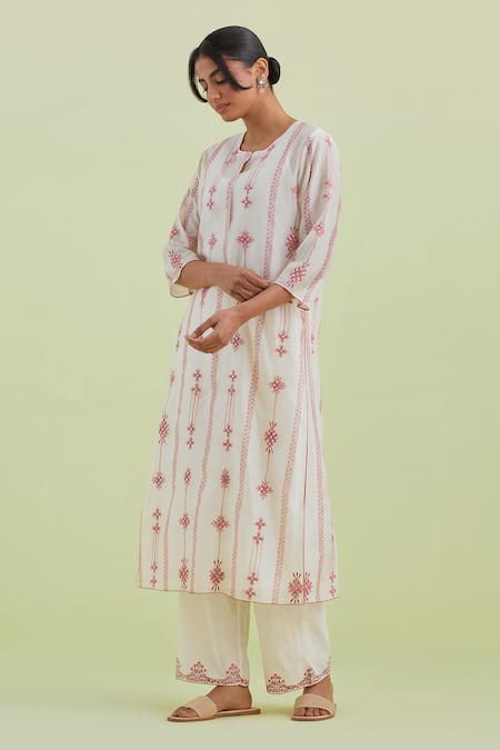 Kora_Off White Silk, Chanderi, Cotton Embroidery, Hand Block Print Kurta Pant Set _at_Aza_Fashions