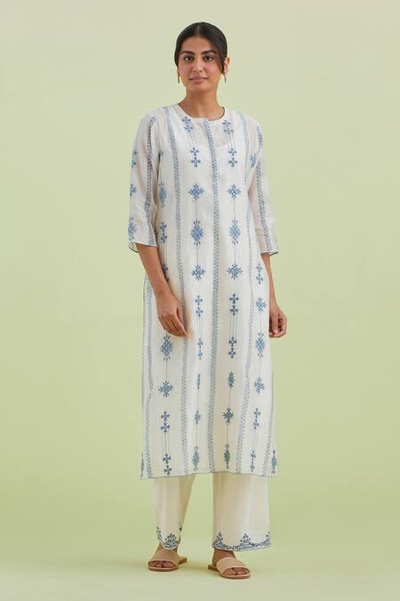 Kora_Off White Silk, Cotton, Chanderi Embroidery, Mirrors Printed Kurta Pant Set _Online_at_Aza_Fashions