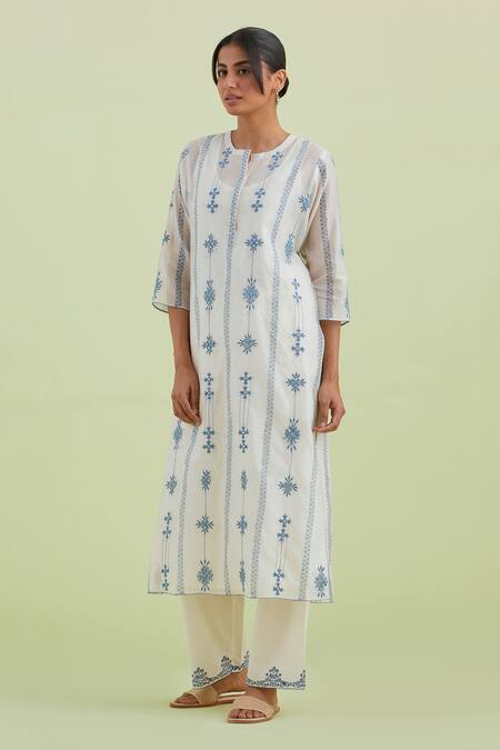 Shop_Kora_Off White Silk, Cotton, Chanderi Embroidery, Mirrors Printed Kurta Pant Set _Online_at_Aza_Fashions