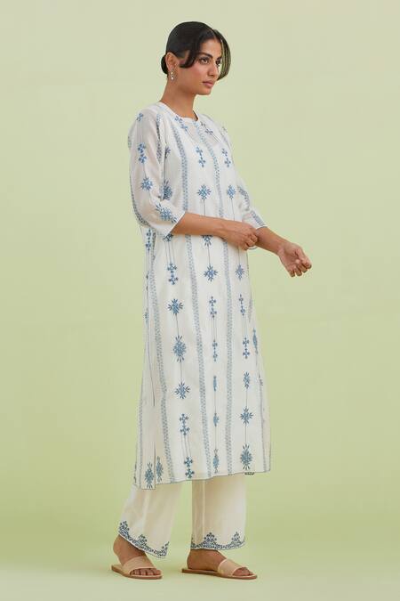 Kora_Off White Silk, Cotton, Chanderi Embroidery, Mirrors Printed Kurta Pant Set _at_Aza_Fashions