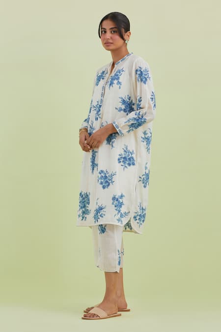 Shop_Kora_Off White Silk, Cotton, Chanderi Embroidery, Mirrors Floral Print Kurta Pant Set _Online_at_Aza_Fashions
