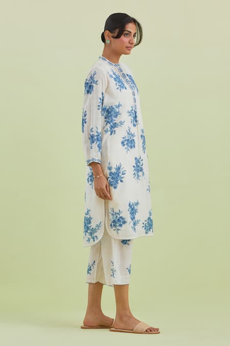 Kora_Off White Silk, Cotton, Chanderi Embroidery, Mirrors Floral Print Kurta Pant Set _at_Aza_Fashions