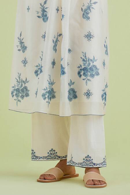 Kora_Off White Silk, Cotton, Chanderi Embroidery, Mirrors Printed Kurta Pant Set _Online_at_Aza_Fashions