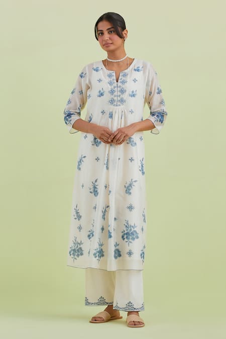 Buy_Kora_Off White Silk, Cotton, Chanderi Embroidery, Mirrors Printed Kurta Pant Set _Online_at_Aza_Fashions