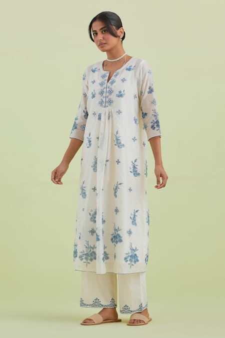 Shop_Kora_Off White Silk, Cotton, Chanderi Embroidery, Mirrors Printed Kurta Pant Set _Online_at_Aza_Fashions