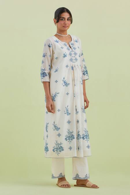 Buy_Kora_Off White Silk, Cotton, Chanderi Embroidery, Mirrors Printed Kurta Pant Set 