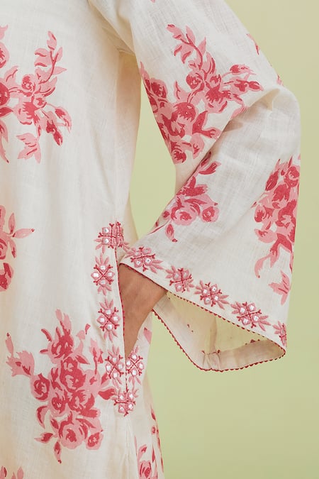 Buy_Kora_Off White Handloom Cotton, Cotton, Chanderi Floral Print Kurta Pant Set 