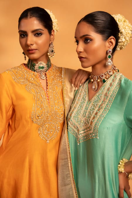 Swati Wadhwani Couture Green Organza, Chanderi Zari, Pearls, Embroidery Sunheri Embellished Kurta Set at Aza Fashions Swati Wadhwani Couture_Green Organza, Chanderi Zari, Pearls, Embroidery Sunheri Embellished Kurta Set _at_Aza_Fashions