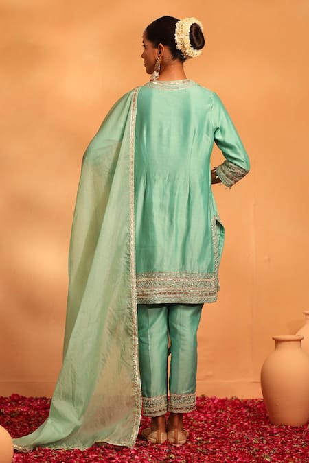 Shop_Swati Wadhwani Couture_Green Organza, Chanderi Zari, Pearls, Embroidery Sunheri Embellished Kurta Set _at_Aza_Fashions