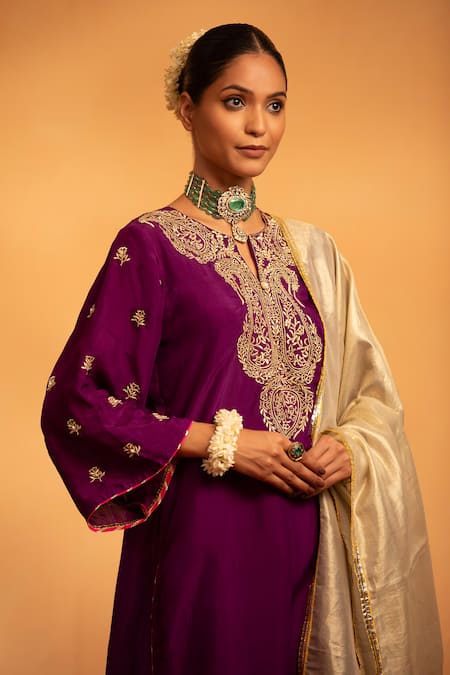 Swati Wadhwani Couture Purple Chanderi, Tissue Zari, Embroidery Round Shagun Embellished Kurta Set at Aza Fashions Swati Wadhwani Couture_Purple Chanderi, Tissue Zari, Embroidery Round Shagun Embellished Kurta Set _at_Aza_Fashions