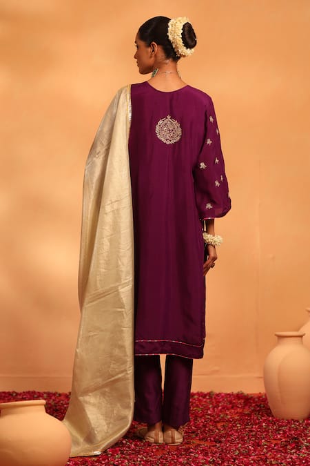 Shop_Swati Wadhwani Couture_Purple Chanderi, Tissue Zari, Embroidery Round Shagun Embellished Kurta Set _at_Aza_Fashions