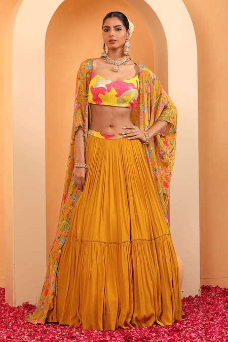 SWATI WADHWANI COUTURE Yellow Crepe Embellished Floral Blouse Ruhani Printed Cape With Lehenga Set 