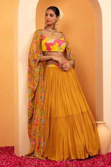 Buy Swati Wadhwani Couture Yellow Crepe, Net, Georgette Embroidery, Ruhani Printed Cape With Lehenga Set Online at Aza Fashions Buy_Swati Wadhwani Couture_Yellow Crepe, Net, Georgette Embroidery, Ruhani Printed Cape With Lehenga Set _Online_at_Aza_Fashions