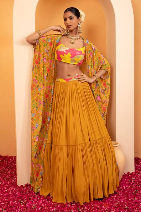 Shop Swati Wadhwani Couture Yellow Crepe, Net, Georgette Embroidery, Ruhani Printed Cape With Lehenga Set Online at Aza Fashions Shop_Swati Wadhwani Couture_Yellow Crepe, Net, Georgette Embroidery, Ruhani Printed Cape With Lehenga Set _Online_at_Aza_Fashions