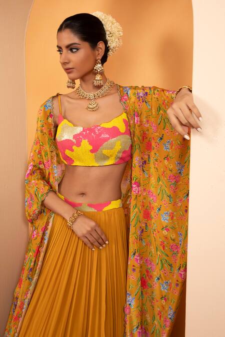 Swati Wadhwani Couture Yellow Crepe, Net, Georgette Embroidery, Ruhani Printed Cape With Lehenga Set at Aza Fashions Swati Wadhwani Couture_Yellow Crepe, Net, Georgette Embroidery, Ruhani Printed Cape With Lehenga Set _at_Aza_Fashions