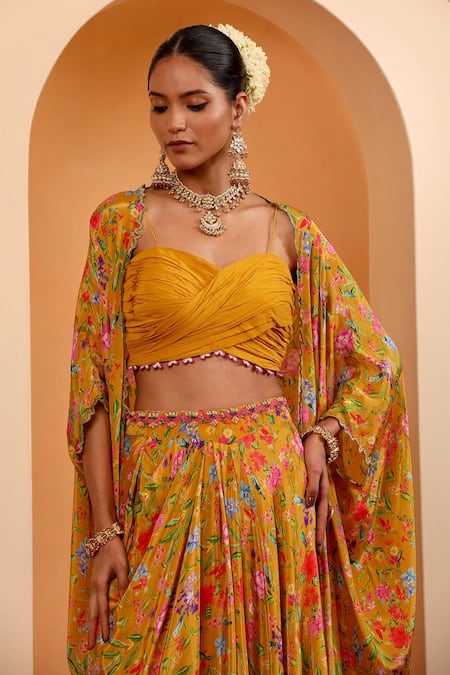Buy Swati Wadhwani Couture Yellow Crepe Sequins Sweetheart Neck Saanjh Printed Skirt Set With Cape Online at Aza Fashions Buy_Swati Wadhwani Couture_Yellow Crepe Sequins Sweetheart Neck Saanjh Printed Skirt Set With Cape _Online_at_Aza_Fashions