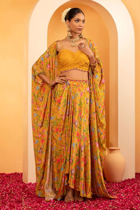 Shop Swati Wadhwani Couture Yellow Crepe Sequins Sweetheart Neck Saanjh Printed Skirt Set With Cape Online at Aza Fashions Shop_Swati Wadhwani Couture_Yellow Crepe Sequins Sweetheart Neck Saanjh Printed Skirt Set With Cape _Online_at_Aza_Fashions