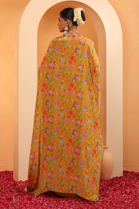 Shop_Swati Wadhwani Couture_Yellow Crepe Sequins Sweetheart Neck Saanjh Printed Skirt Set With Cape _at_Aza_Fashions