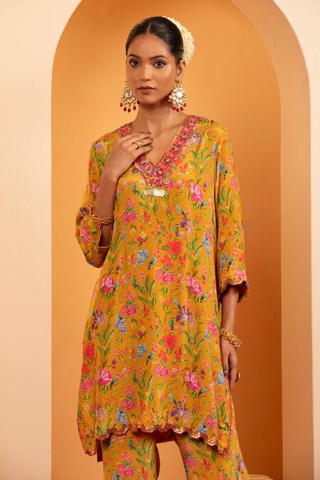 Buy Swati Wadhwani Couture Yellow Crepe Beads, Sequins V-neck Tara Printed Kurta With Pant Online at Aza Fashions Buy_Swati Wadhwani Couture_Yellow Crepe Beads, Sequins V-neck Tara Printed Kurta With Pant _Online_at_Aza_Fashions