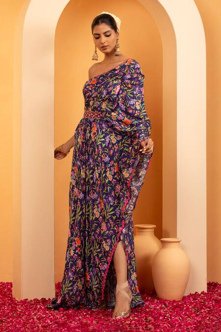 Swati Wadhwani Couture_Blue Crepe Sequins, Beads Asymmetric Meher Printed Kaftan _Online_at_Aza_Fashions