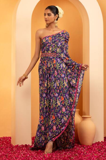 Buy_Swati Wadhwani Couture_Blue Crepe Sequins, Beads Asymmetric Meher Printed Kaftan _Online_at_Aza_Fashions