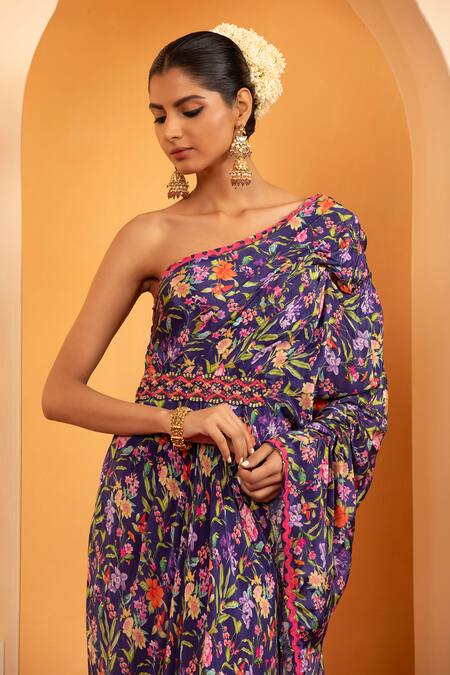 Shop_Swati Wadhwani Couture_Blue Crepe Sequins, Beads Asymmetric Meher Printed Kaftan _Online_at_Aza_Fashions