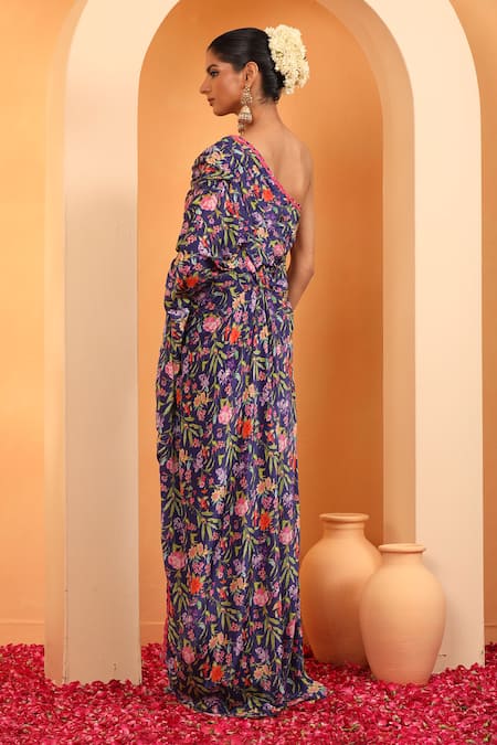 Shop_Swati Wadhwani Couture_Blue Crepe Sequins, Beads Asymmetric Meher Printed Kaftan _at_Aza_Fashions