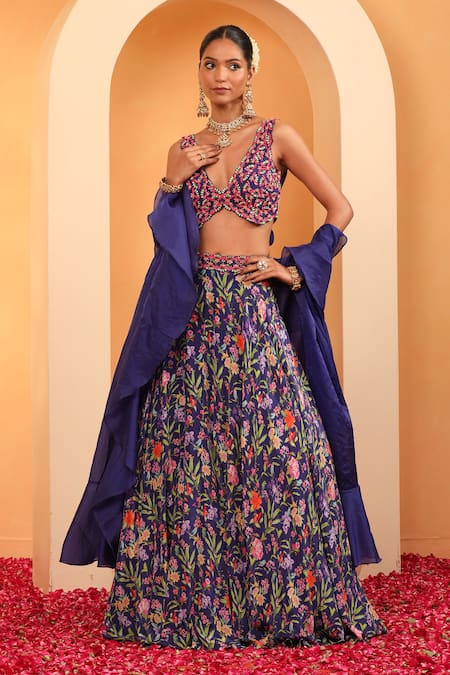 Swati Wadhwani Couture_Blue Organza, Crepe Embroidery, Riwaaz Floral Embellished Blouse Lehenga Set _Online_at_Aza_Fashions