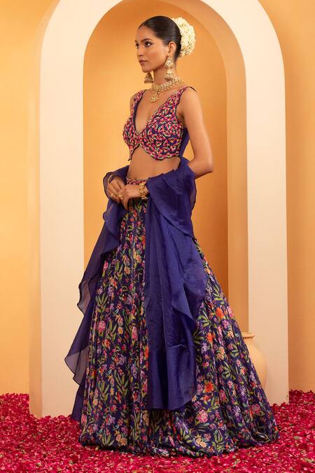 Buy Swati Wadhwani Couture Blue Organza, Crepe Embroidery, Riwaaz Floral Embellished Blouse Lehenga Set Online at Aza Fashions Buy_Swati Wadhwani Couture_Blue Organza, Crepe Embroidery, Riwaaz Floral Embellished Blouse Lehenga Set _Online_at_Aza_Fashions