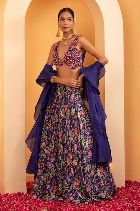 Swati Wadhwani Couture Blue Organza, Crepe Embroidery, Riwaaz Floral Embellished Blouse Lehenga Set at Aza Fashions Swati Wadhwani Couture_Blue Organza, Crepe Embroidery, Riwaaz Floral Embellished Blouse Lehenga Set _at_Aza_Fashions