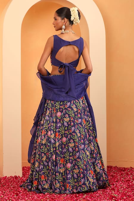 Shop_Swati Wadhwani Couture_Blue Organza, Crepe Embroidery, Riwaaz Floral Embellished Blouse Lehenga Set _at_Aza_Fashions