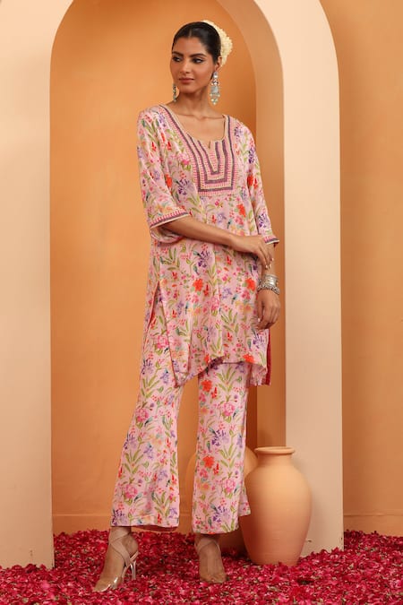 Buy_Swati Wadhwani Couture_Pink Crepe Embroidery Round Neck Zariya Printed Kurta With Pant _Online_at_Aza_Fashions