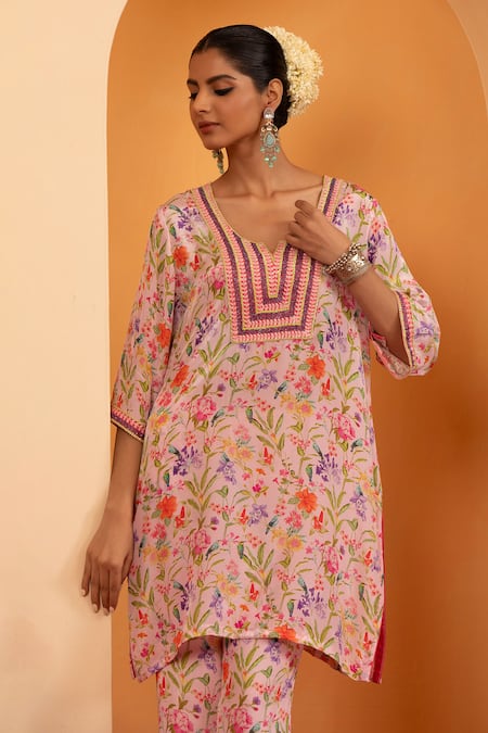 Shop Swati Wadhwani Couture Pink Crepe Embroidery Round Neck Zariya Printed Kurta With Pant Online at Aza Fashions Shop_Swati Wadhwani Couture_Pink Crepe Embroidery Round Neck Zariya Printed Kurta With Pant _Online_at_Aza_Fashions