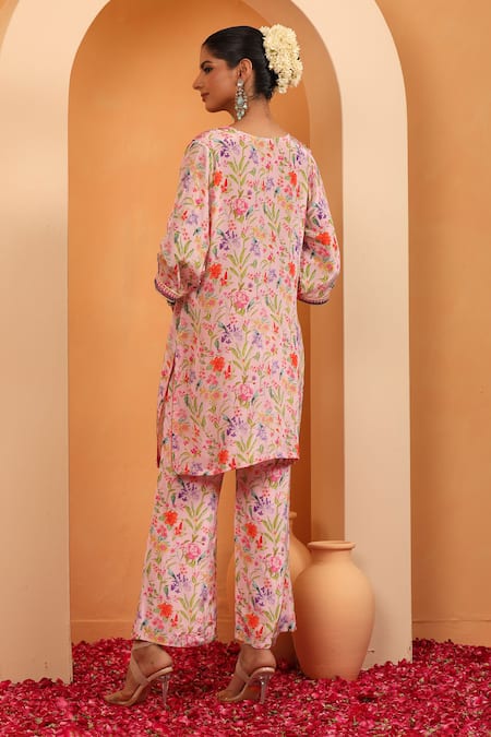 Shop_Swati Wadhwani Couture_Pink Crepe Embroidery Round Neck Zariya Printed Kurta With Pant _at_Aza_Fashions
