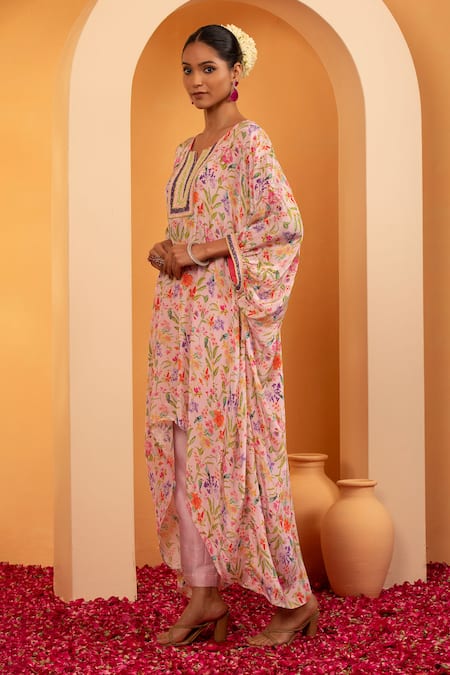 Buy Swati Wadhwani Couture Pink Chanderi, Crepe Beads, Embroidery Round Zariya Printed Kaftan With Pant Online at Aza Fashions Buy_Swati Wadhwani Couture_Pink Chanderi, Crepe Beads, Embroidery Round Zariya Printed Kaftan With Pant _Online_at_Aza_Fashions