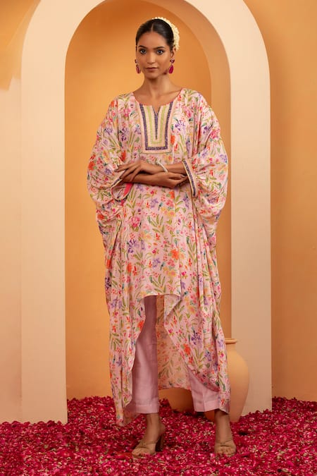 Shop Swati Wadhwani Couture Pink Chanderi, Crepe Beads, Embroidery Round Zariya Printed Kaftan With Pant at Aza Fashions Shop_Swati Wadhwani Couture_Pink Chanderi, Crepe Beads, Embroidery Round Zariya Printed Kaftan With Pant _at_Aza_Fashions