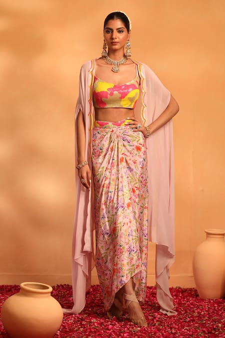 SWATI WADHWANI COUTURE Pink Crepe Printed Floral Blouse Scoop Adaa Draped Skirt Set With Cape 