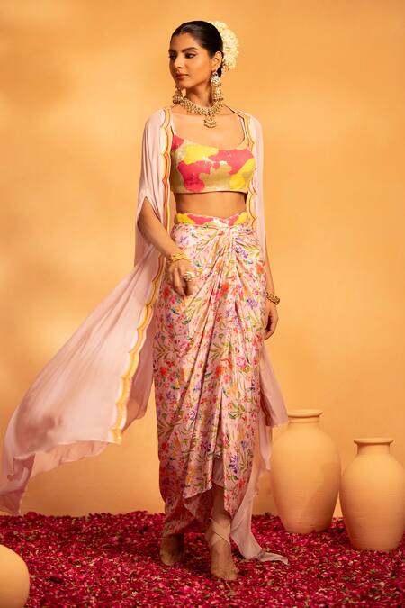 Buy Swati Wadhwani Couture Pink Crepe, Georgette Sequins Scoop Neck Adaa Printed Draped Skirt Set With Cape Online at Aza Fashions Buy_Swati Wadhwani Couture_Pink Crepe, Georgette Sequins Scoop Neck Adaa Printed Draped Skirt Set With Cape _Online_at_Aza_Fashions