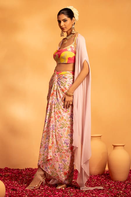 Swati Wadhwani Couture Pink Crepe, Georgette Sequins Scoop Neck Adaa Printed Draped Skirt Set With Cape at Aza Fashions Swati Wadhwani Couture_Pink Crepe, Georgette Sequins Scoop Neck Adaa Printed Draped Skirt Set With Cape _at_Aza_Fashions