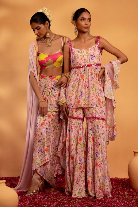 Swati Wadhwani Couture_Pink Net, Crepe Embroidery, Mirrors Scoop Neck Khwaab Printed Kurta Gharara Set _Online_at_Aza_Fashions