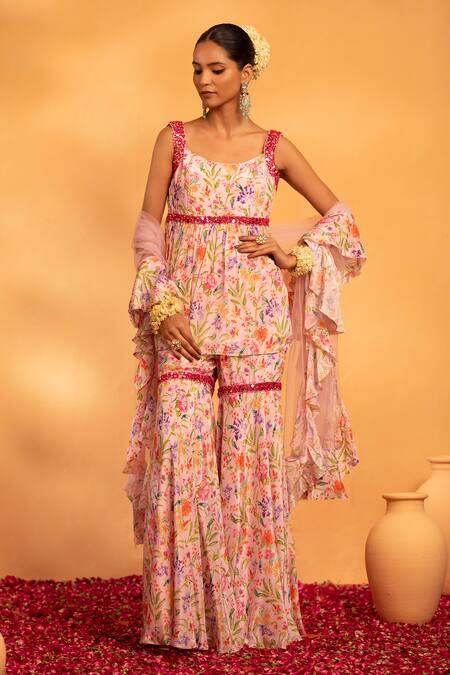 Buy_Swati Wadhwani Couture_Pink Net, Crepe Embroidery, Mirrors Scoop Neck Khwaab Printed Kurta Gharara Set _Online_at_Aza_Fashions