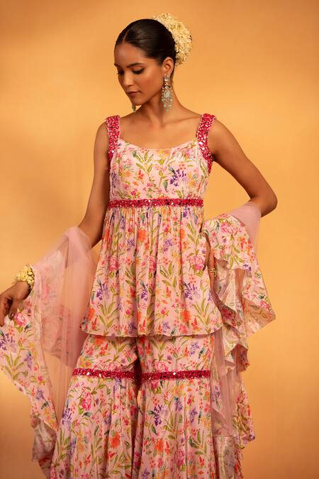 Shop_Swati Wadhwani Couture_Pink Net, Crepe Embroidery, Mirrors Scoop Neck Khwaab Printed Kurta Gharara Set _Online_at_Aza_Fashions