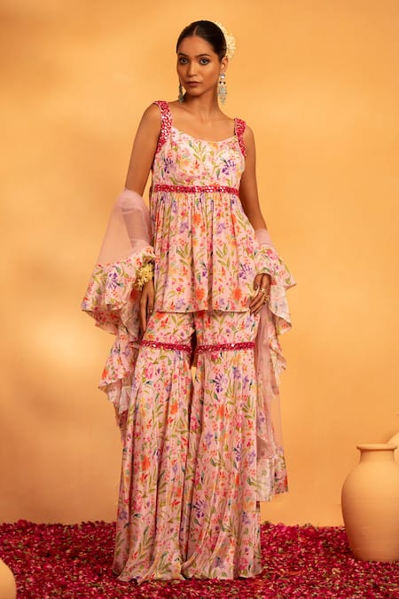 Shop_Swati Wadhwani Couture_Pink Net, Crepe Embroidery, Mirrors Scoop Neck Khwaab Printed Kurta Gharara Set _at_Aza_Fashions