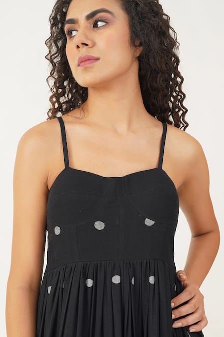 Shop Indigo Dreams Black 100% Cotton Hand Woven Circular Jamdani Square Maple Bralette Dress Online at Aza Fashions Shop_Indigo Dreams_Black 100% Cotton Hand Woven Circular Jamdani Square Maple Bralette Dress _Online_at_Aza_Fashions