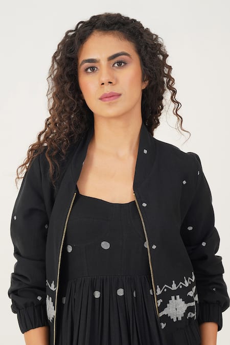 Indigo Dreams_Black 100% Cotton Hand Woven Geometric Jamdani Maple Bralette Dress With Jacket _Online_at_Aza_Fashions
