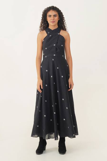 Indigo Dreams Black Cotton Embroidery Halter Neck Meadow Handwoven Jamdani Maxi Dress Online at Aza Fashions Indigo Dreams_Black Cotton Embroidery Halter Neck Meadow Handwoven Jamdani Maxi Dress _Online_at_Aza_Fashions